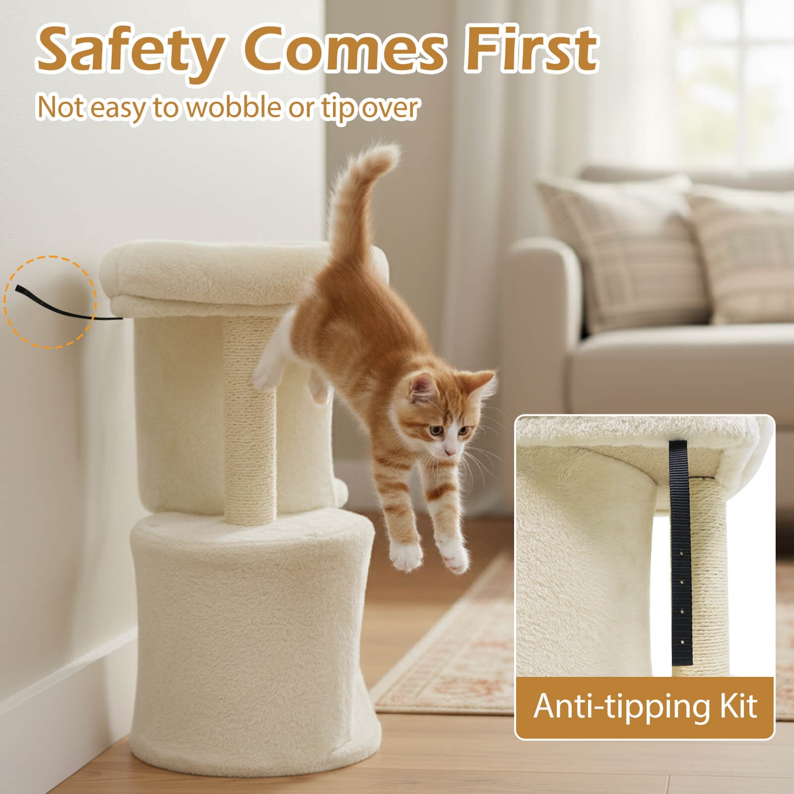 Costway 26” Small Cat Tree with Large Padded Plush Perch, 2 Condos, Sisal Scratching Posts Beige