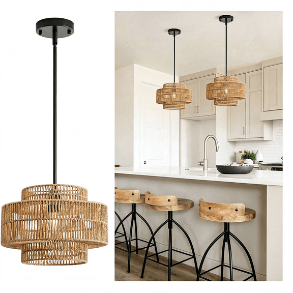 Ueljzpe 12.4" Rattan Pendant Light for Kitchen Island,Boho Chandelier | 1-Light,Hand Woven,No Assembly,Black Hardware,Farmhouse Coastal Drum Wicker Fixture Dining Room Hallway Entryway