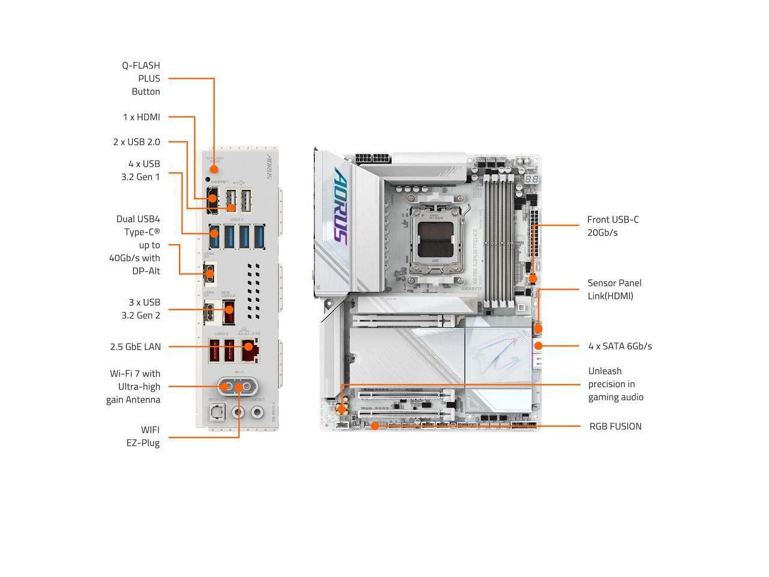 GIGABYTE X870E AORUS PRO ICE AM5 LGA 1718, ATX, DDR5, 4x M.2, PCIe 5.0, USB4, Wi-Fi 7, 2.5GbE LAN, EZ-Latch, 5-Year Warranty