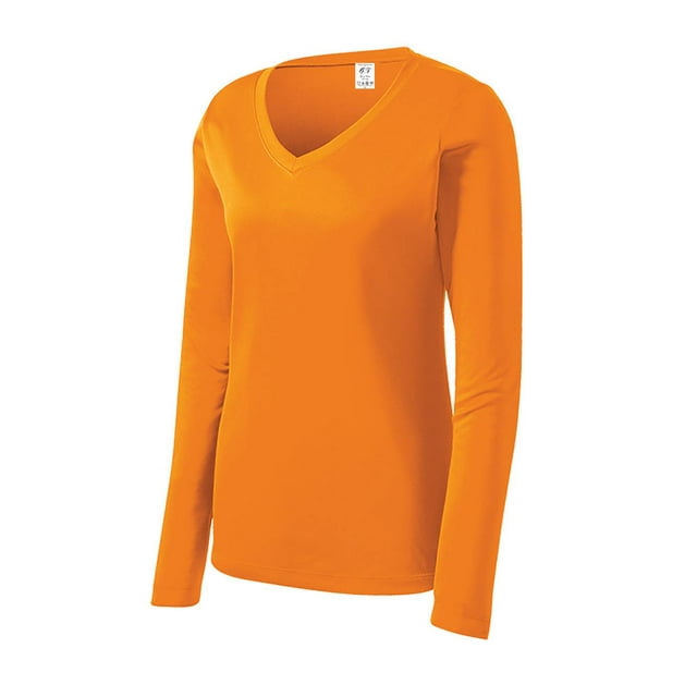 Gravity Threads Womens Long-Sleeve Moisture-Wick V-Neck - Neon Orange - Large
