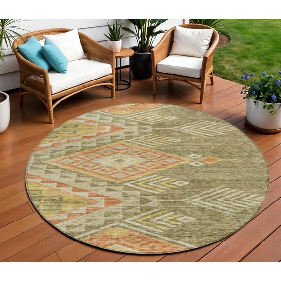HomeRoots 603541 8 ft. Green & Terra Cotta Round Southwestern Washable Indoor & Outdoor Area Rug