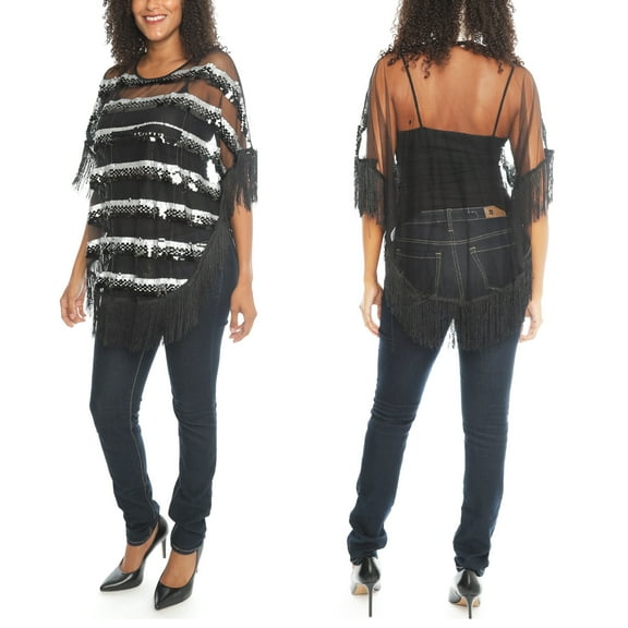 Women's Evening Party Beautiful Sequin Poncho Sheer Top in Sexiest Hue