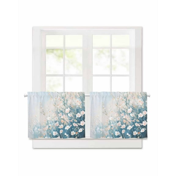 Spring Flowers Short Blackout Curtains 30 Inch Long Pastoral Blue Sky Oil Painting Rod Pocket Kitchen Curtains, 2 Panels Thermal Insulated Room Darkening Drapes for Bedroom, 42"W x 30"L