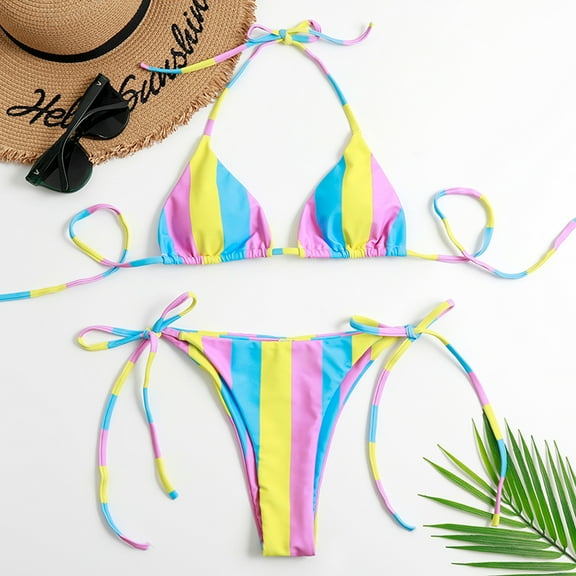 BONIXOOM Womens Swimsuits Tie-Front Tie Striped Bikinis Bikini Summer Swimwears on Clearance Multicolor Size 4