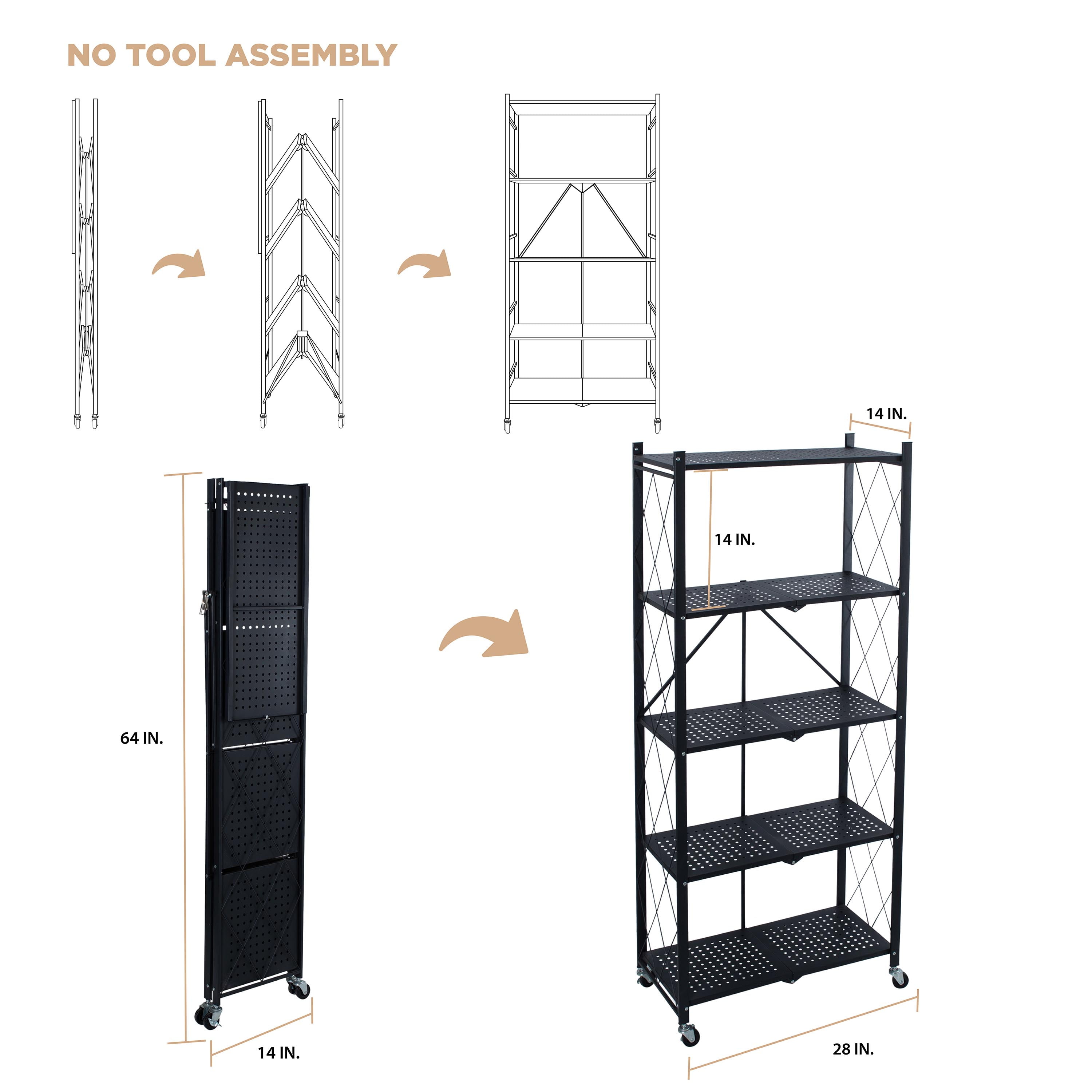 Organize It All 5 Shelf Foldable Metal Storage Shelves, Wheels, Adult, Kitchen, Laundry Room, Black
