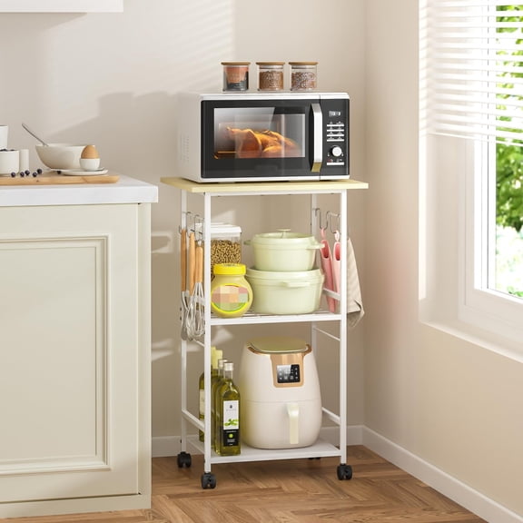 Rolling Kitchen Microwave Cart, Microwave Stand with Storage, Kitchen Storage Rack on Wheels with Hooks, Coffee Station Cart Organizer for Home, Office, Balcony, White