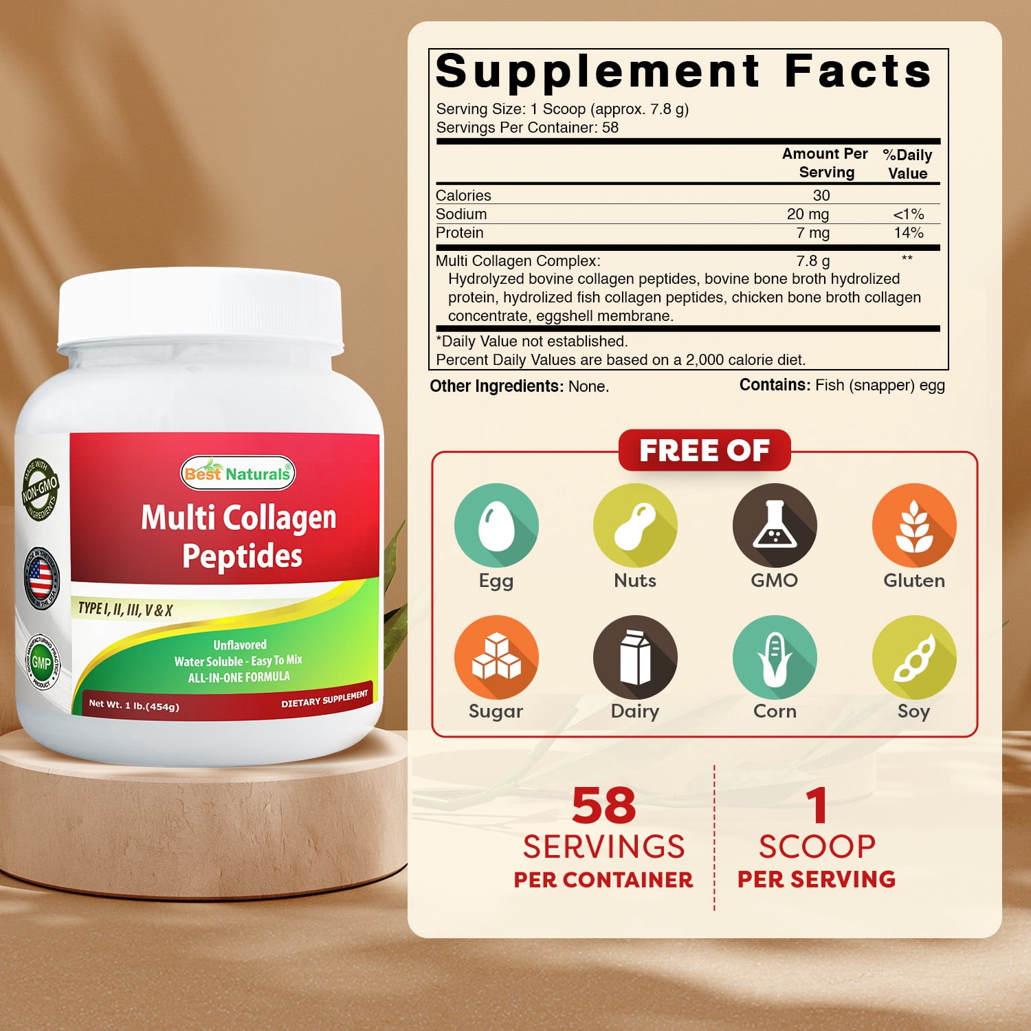 Best Naturals Multiple Collagen Peptides Protein Unflavored - Grass Fed, Type I, II, III, V, X - 1 lb