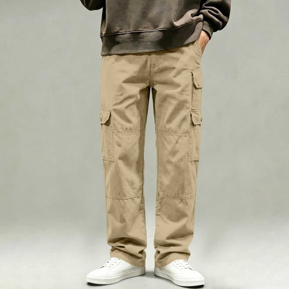 Ceisia Men's Multi Pocket Cargo Pants Casual Loose Fit Straight Leg Streetwear Trousers Khaki XL Gift