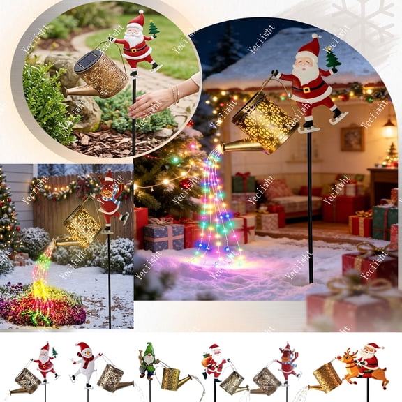 Yeciiwht Santa Claus Solar Watering Can Light – 32.7in Colorful Garden Stake Decoration Kettle Light, Outdoor Christmas Yard Lawn Light for Holiday Decor
