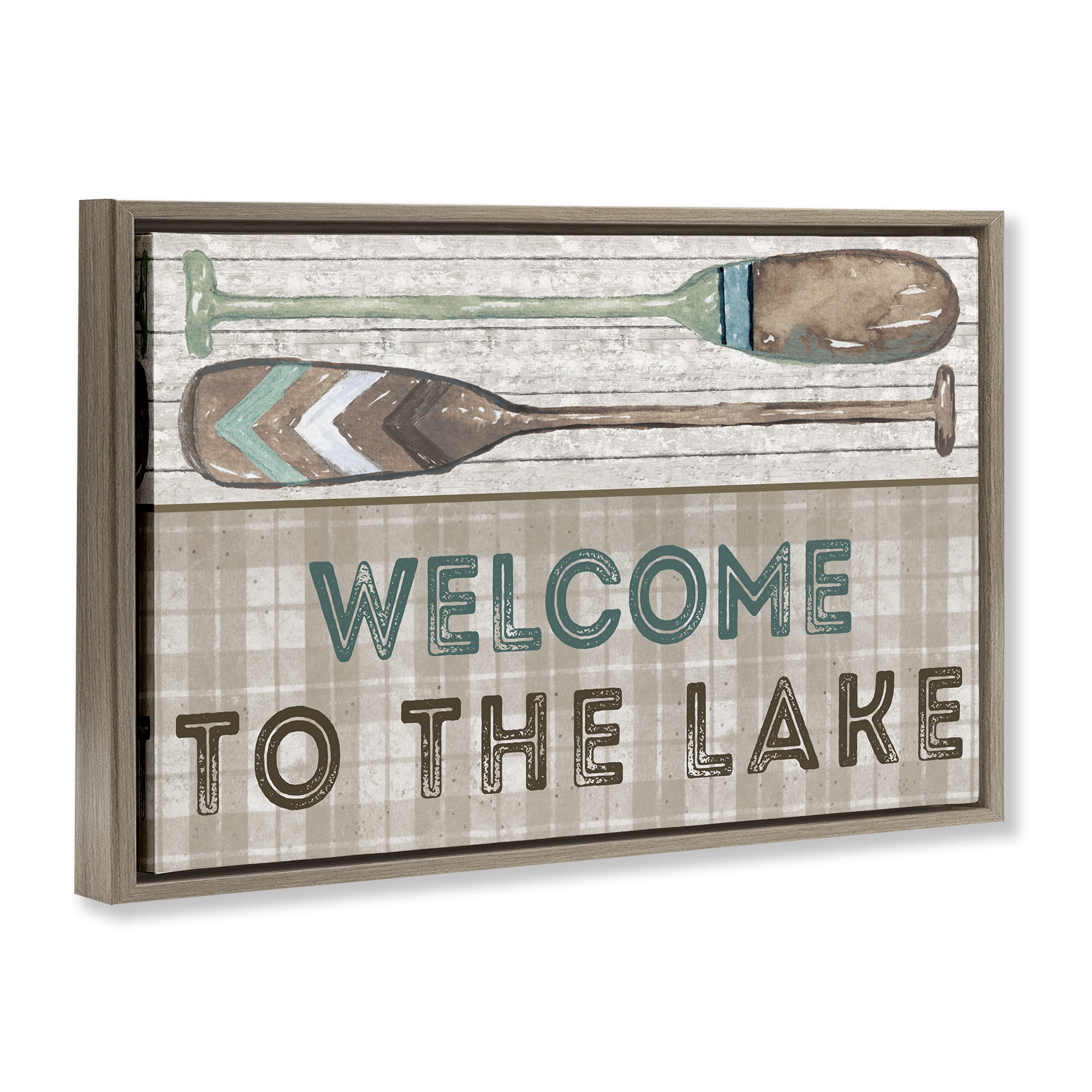 Stupell Industries Rustic Welcome Lake Oars Typography Painting Brown Floater Framed Canvas Art Print Wall Art, 25 x 17