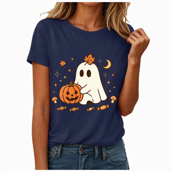 NOLDARES Halloween Teacher Shirts for Women Cute Ghost with Coffee Shirt Funny Spooky Tee Halloween Party Short Sleeve Tops(Navy,L)