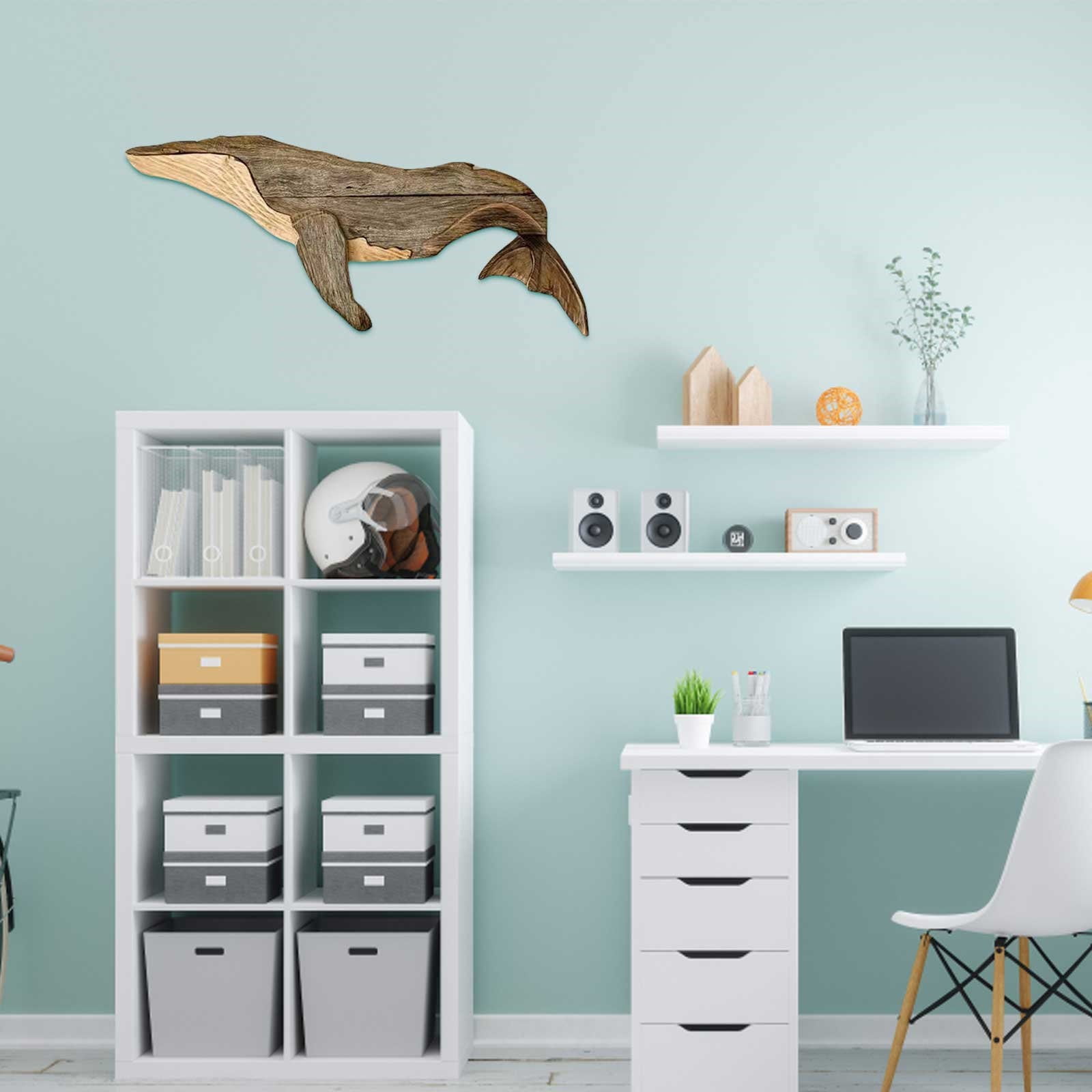 Wooden Marine Animal Wall Hanging, Rustic Nautical Decor for Beach Theme Home, Hand-Carved Whale Shark and Sailfish Sculpture, Coastal Wall Art for Living Room and Nursery (Single Sided)