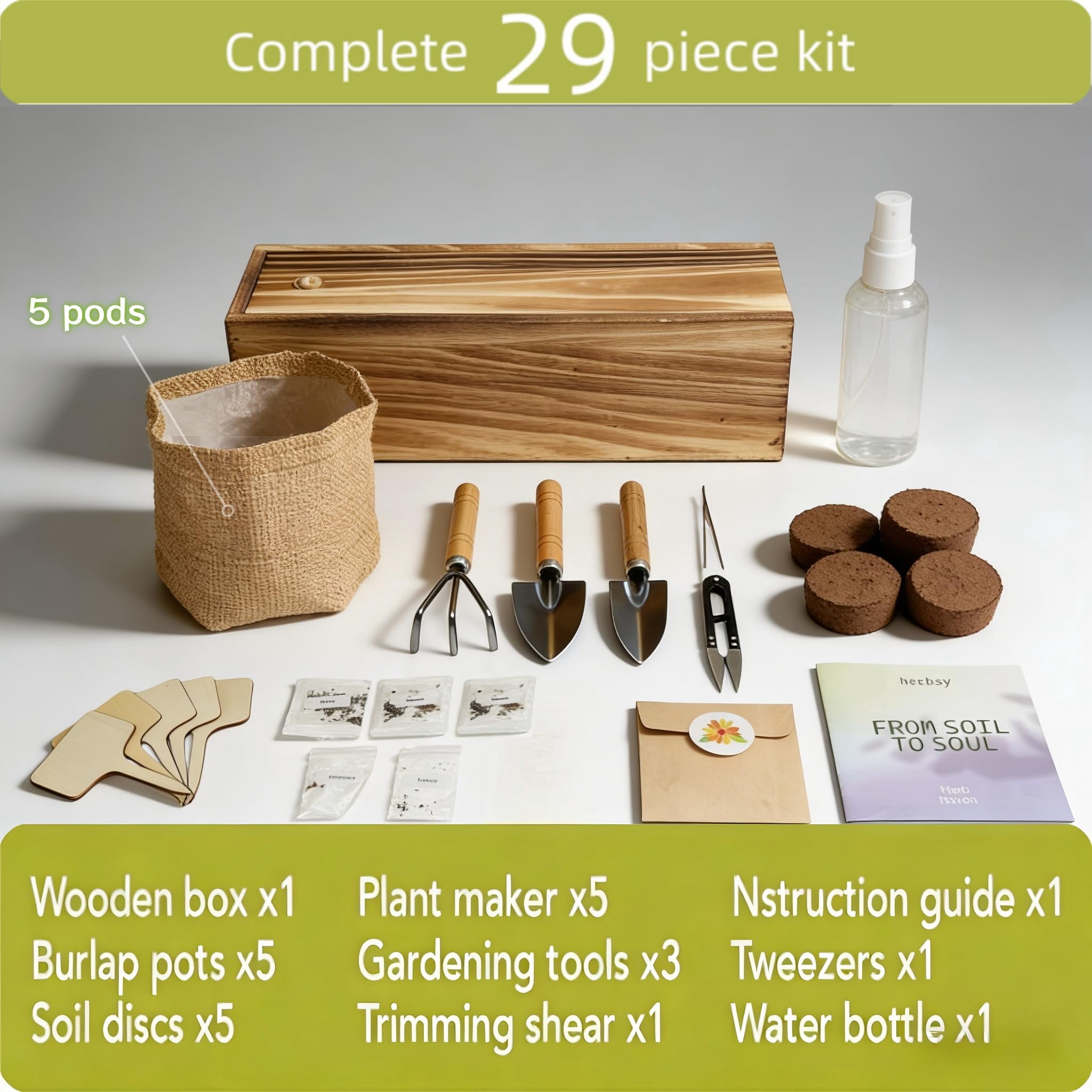 Herb Garden Kit with Wooden Box – Includes Basil, Thyme, Parsley, Rosemary & Mint – Windowsill Herb Garden for Kitchen – Gardening Gift for Mom, Women, Men