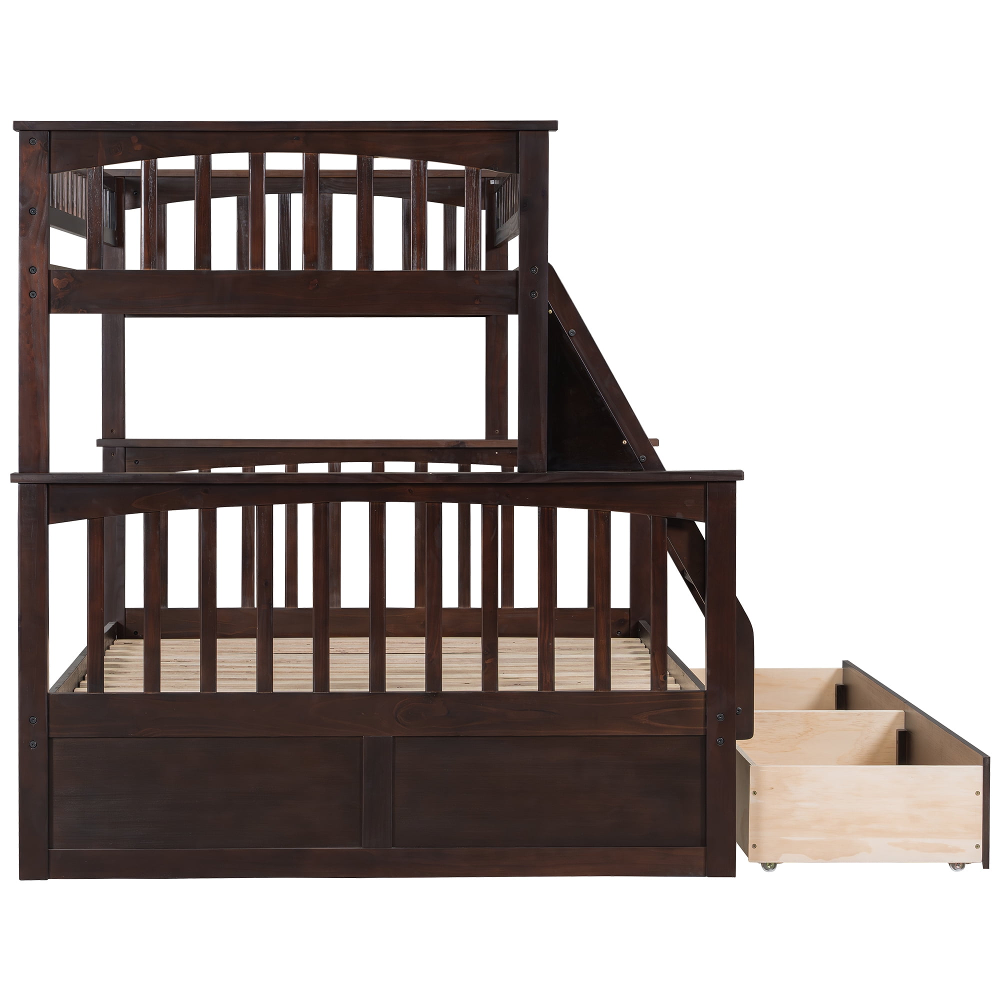 Euroco Wood Twin over Full Bunk Bed with Drawers, Convertible Two Beds in One, Espresso