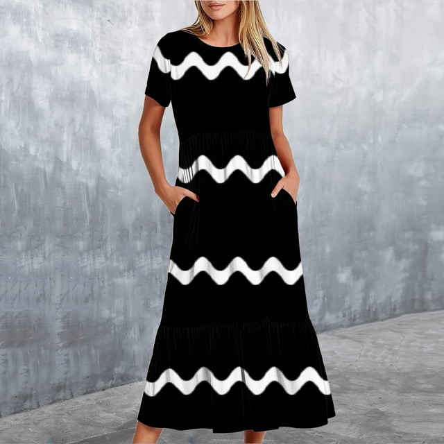 Fankiway Robe Longue d'Été à Manches Courtes et Col Rond Imprimé Vague pour Femmes, Grande Taille, Liquidation
