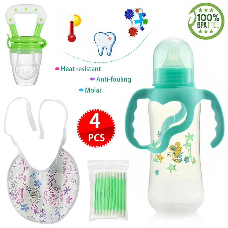 Amerteer 4 Pcs Baby Bottle Set, Baby Fruit Feeder/Food Feeder Pacifier with Baby Bib and Cotton Swabs,Baby Feeding Set BPA-Free, Freezer Safe for Baby