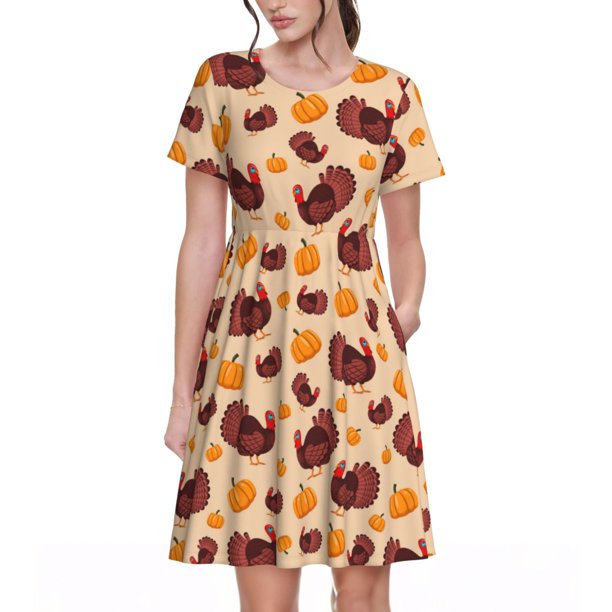 Balery Thanksgiving Turkey and Pumpkin Vestidos sueltos de manga corta para mujer, vestidos de verano 2025, vestidos casuales de corte A con vuelo.