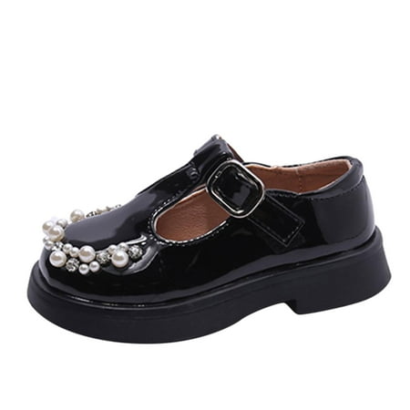 

Zlekejiko Fashion All Seasons Children Casual Shoes For Girls Flat Sole Thick Sole Non Slip Round Toe Pearl Buckle Solid Dress Shoes