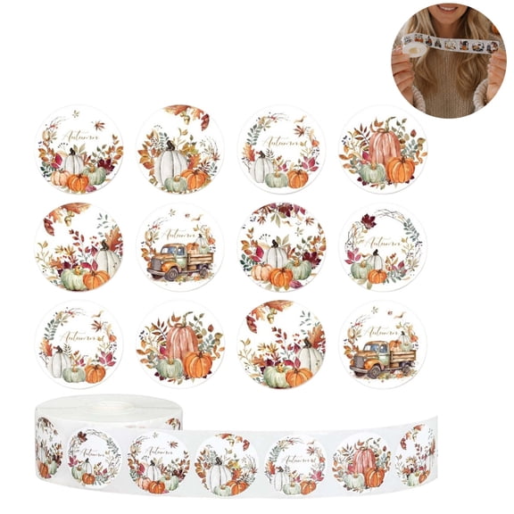 Roll of 500 Round Fall Stickers, Watercolor Halloween Harvest Pumpkin Labels, Hello Fall Thanksgiving Autumn Themed Self-Adhesive Circle Stickers for Gift Sealing Envelope Packaging Craft Decor