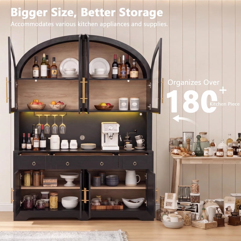 Arched Farmhouse Kitchen Pantry Storage Buffet with LED Light & Charging Station, Bar Cabinet Hutch with Drawers & Glass Holder