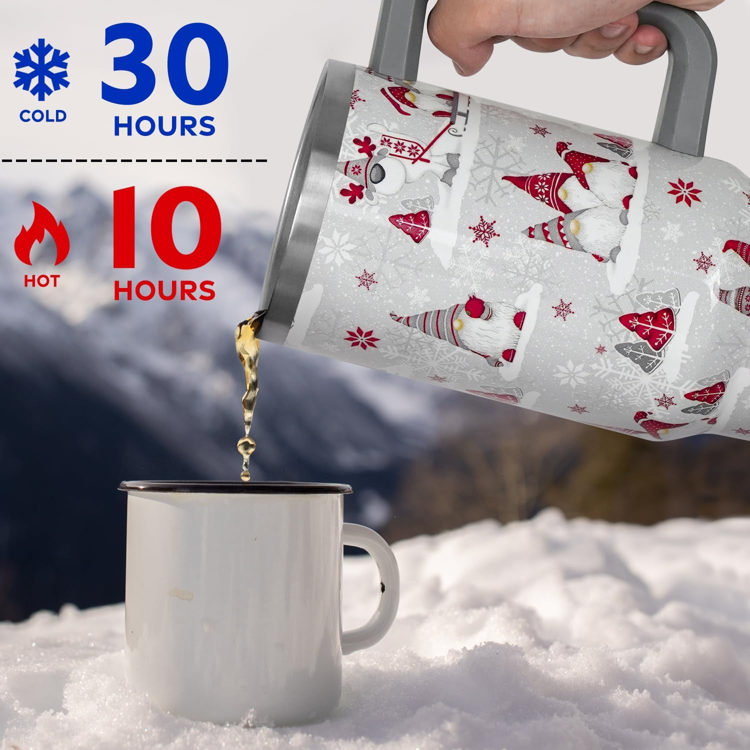 Christmas Winter Tumbler with Handle and Straw Lid 40 oz,Cute Merry Xmas Gnome Snowflake Gifts for Women Vacuum Insulated Leak Proof Tumbler,Holiday Accessories Stainless Steel Coffee Cup Mug (Red)