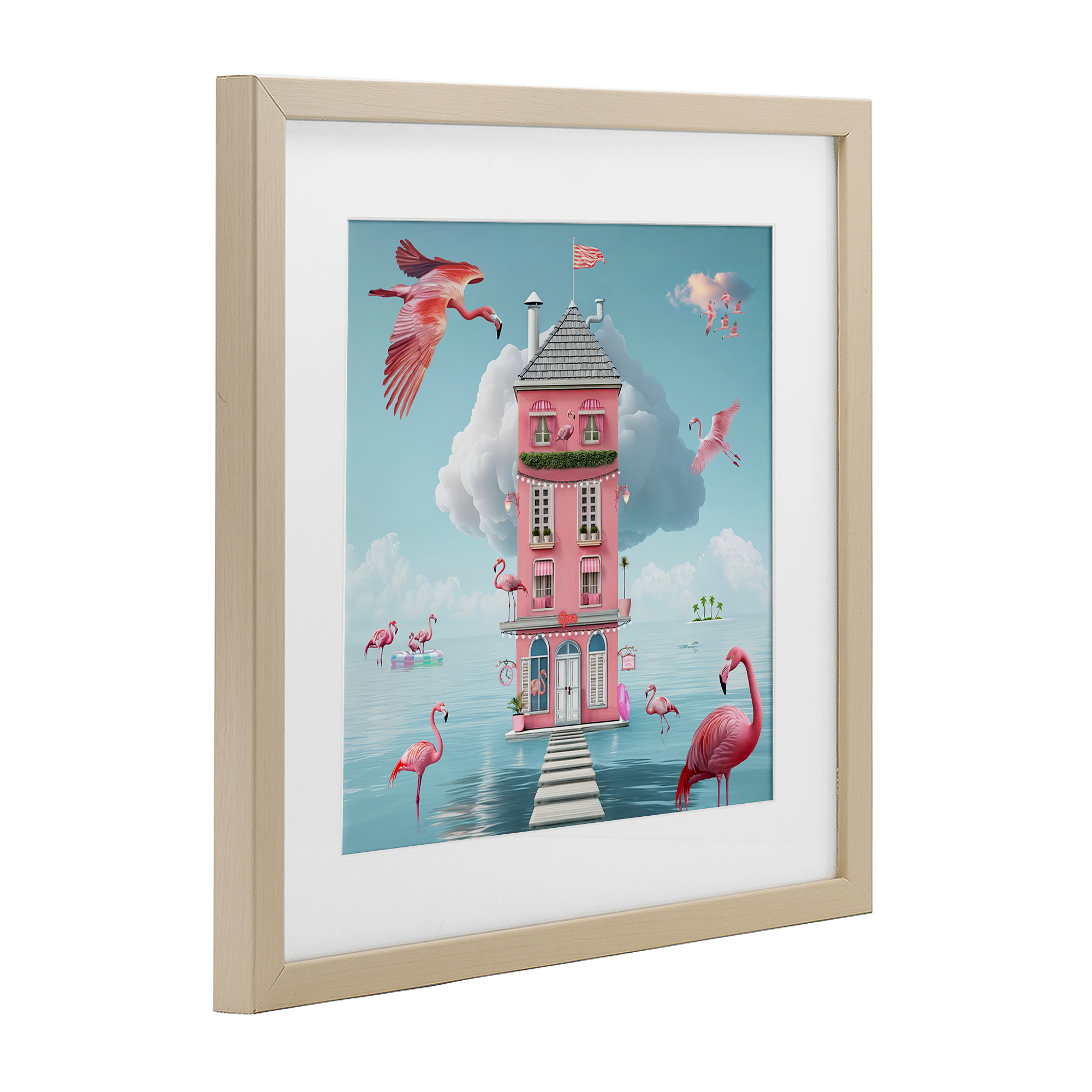 Flamingo Hotel on Water Birch Framed Print Under Glass, design by Lori Lea Studios