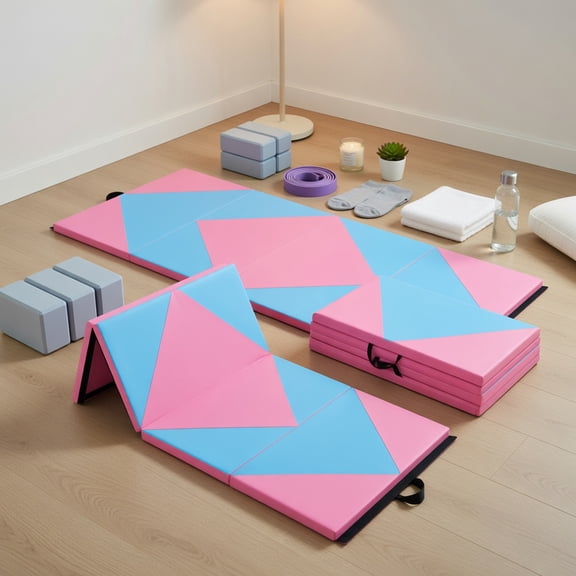 Topcobe 8 Feet PU Leather Folding Gymnastics Mat with Hook and Loop Fasteners, Easy to Clean Gym Mat, Gymnastics Equipment for Activity Play, Pink & Blue