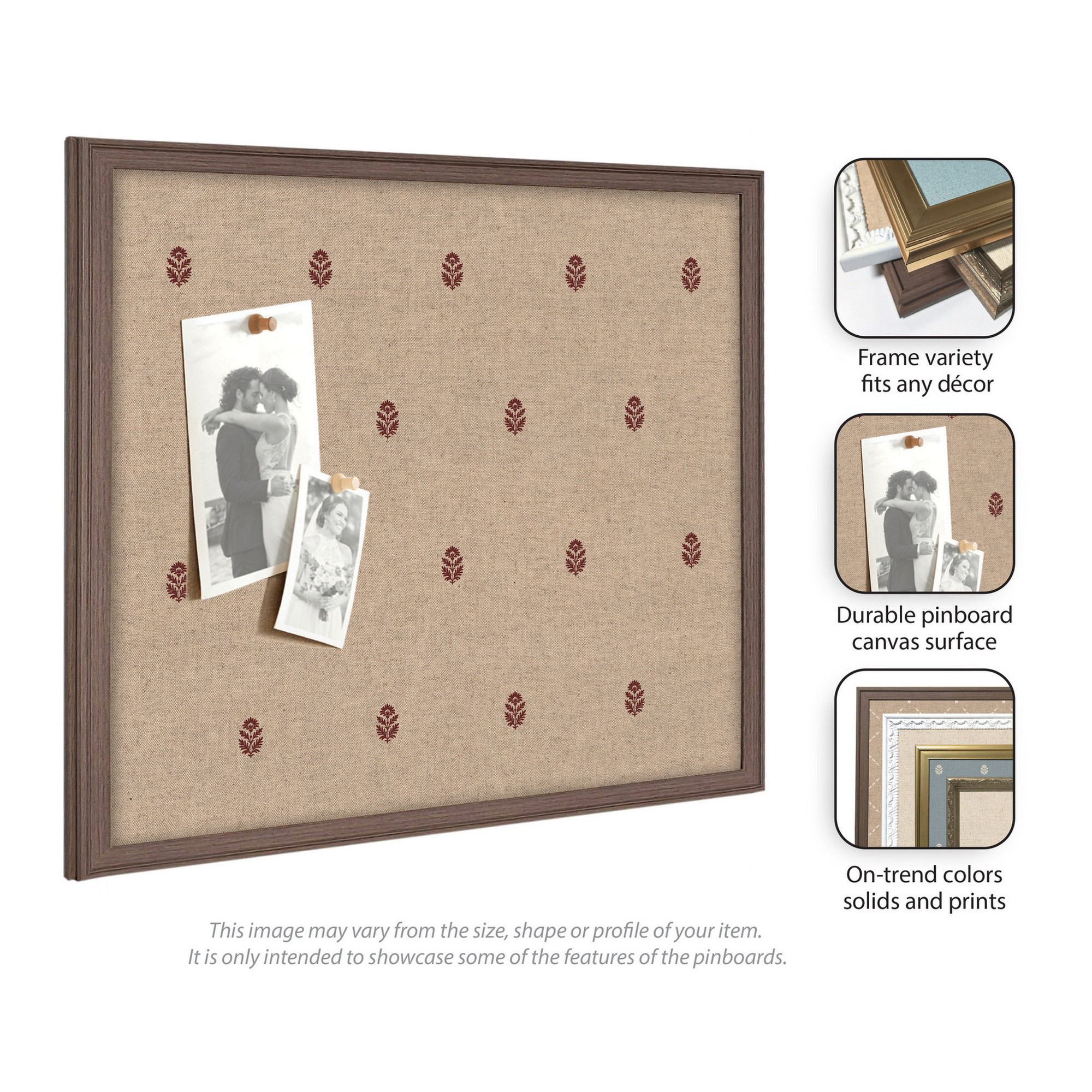 Kate and Laurel Framed Fabric Pinboard 38 x 26, Red Botanical Block Print Printed Linen Classic Bulletin Board for Use as a Vision Board or Wall Organization, Florence Gold Frame