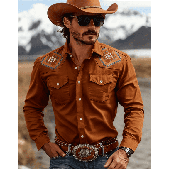 Men's Denim-Style Long Sleeve Button-Front Shirt with Chest Pockets and Aztec Geometric Detail Lightweight Soft Twill Fabric for Casual Daily Wear and Streetwear All-Season