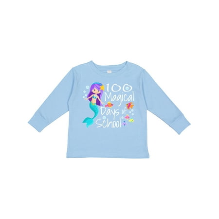 

Inktastic 100 Magical Days of School with Blue Mermaid and Fish Gift Toddler Boy or Toddler Girl Long Sleeve T-Shirt