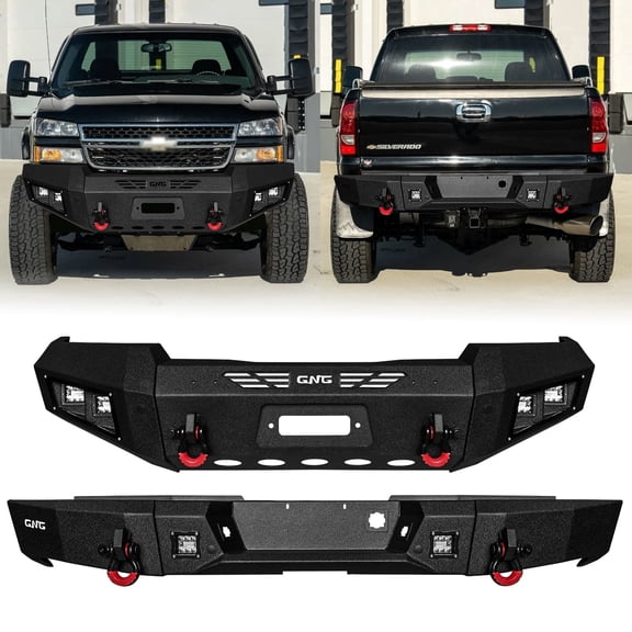 Vijay Compatible with 2003-2004-2005-2006 Chevrolet Silverado 1500 Front and Rear Bumper Textured Black Steel with Lights and D-rings