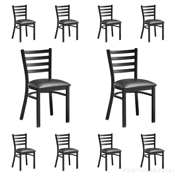 (10 PACK) Black Ladder Back Metal Restaurant Chair with Black Vinyl Padded Seat - Commercial Quality Metal Restaurant Chair