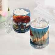 2 Pack Qtip Holder Dispenser Tree House on Island Clear Plastic Storage Apothecary Jars for Cotton Swabs Balls Pads Floss