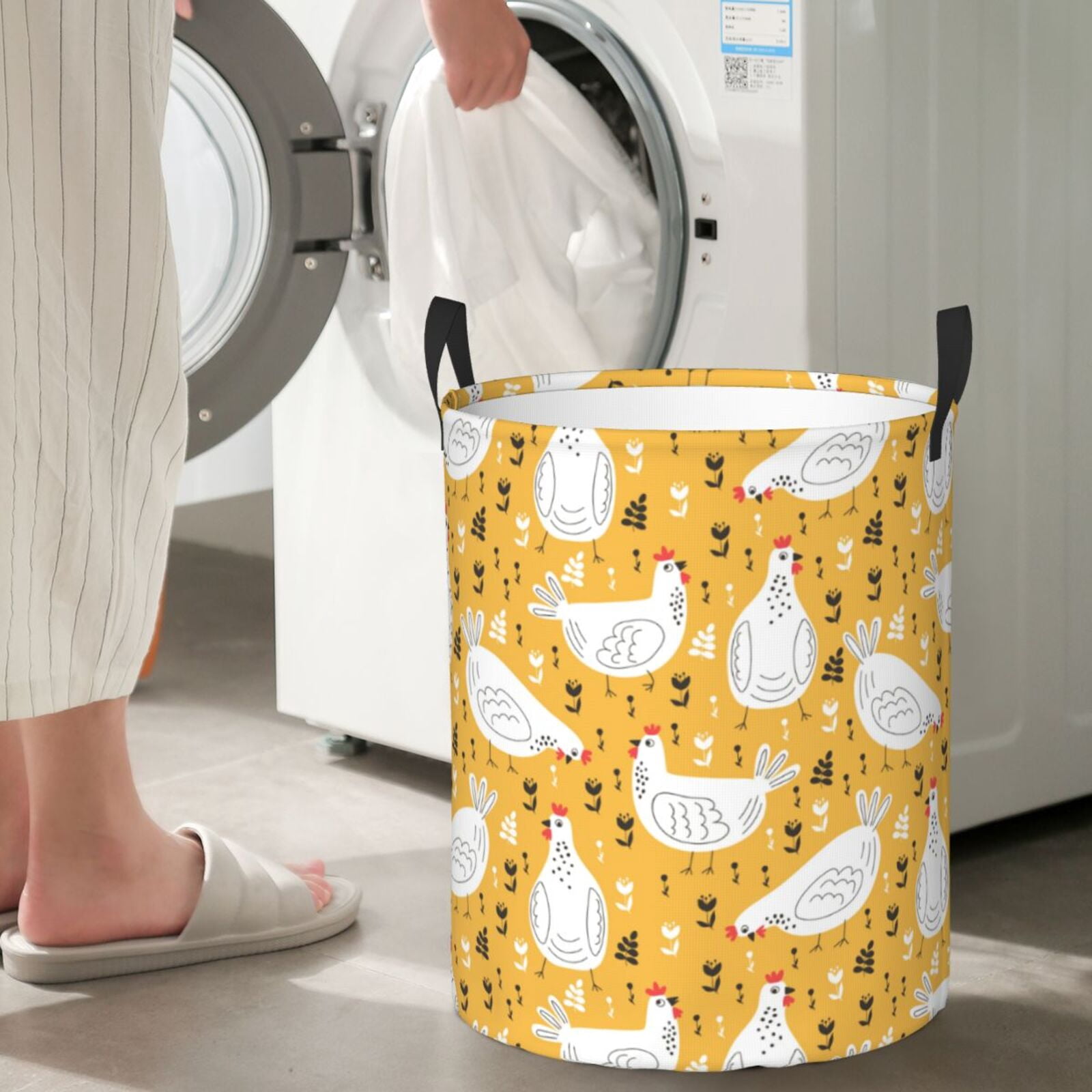 Large Laundry Basket with Handles - Rustic Lines Funny Chicken Yellow Kids Baby Dirty Clothes Laundry Hamper for Bedroom Aesthetic