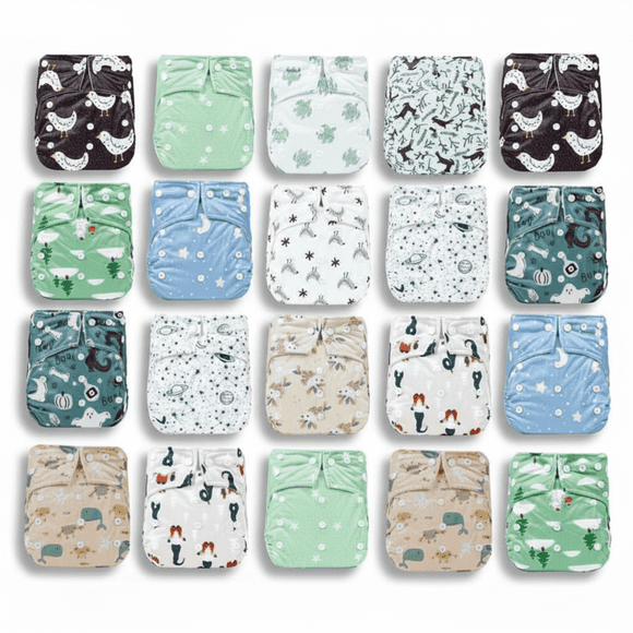 KaWaii Baby Best Value Cloth Diaper Pack - 20 One Size Printed Snap, Waterproof Reusable Nappies for Newborn Infant & Toddlers