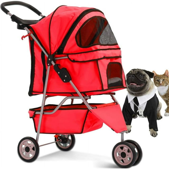 Dkelincs Poussette pour Chien et Chat à 3 Roues, Poussette Pliable pour Animal de Compagnie, Transporteur de Voyage avec Porte-Gobelet et Doublure Amovible, Rouge
