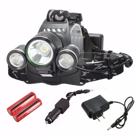 Outdoors Head - 5000LM T6 3x LED Rechargeable Headlight Headlamp Torch 18650 Flashlight Lamp Outdoor Sports +2x18650 Battery + 2x Charging Plug