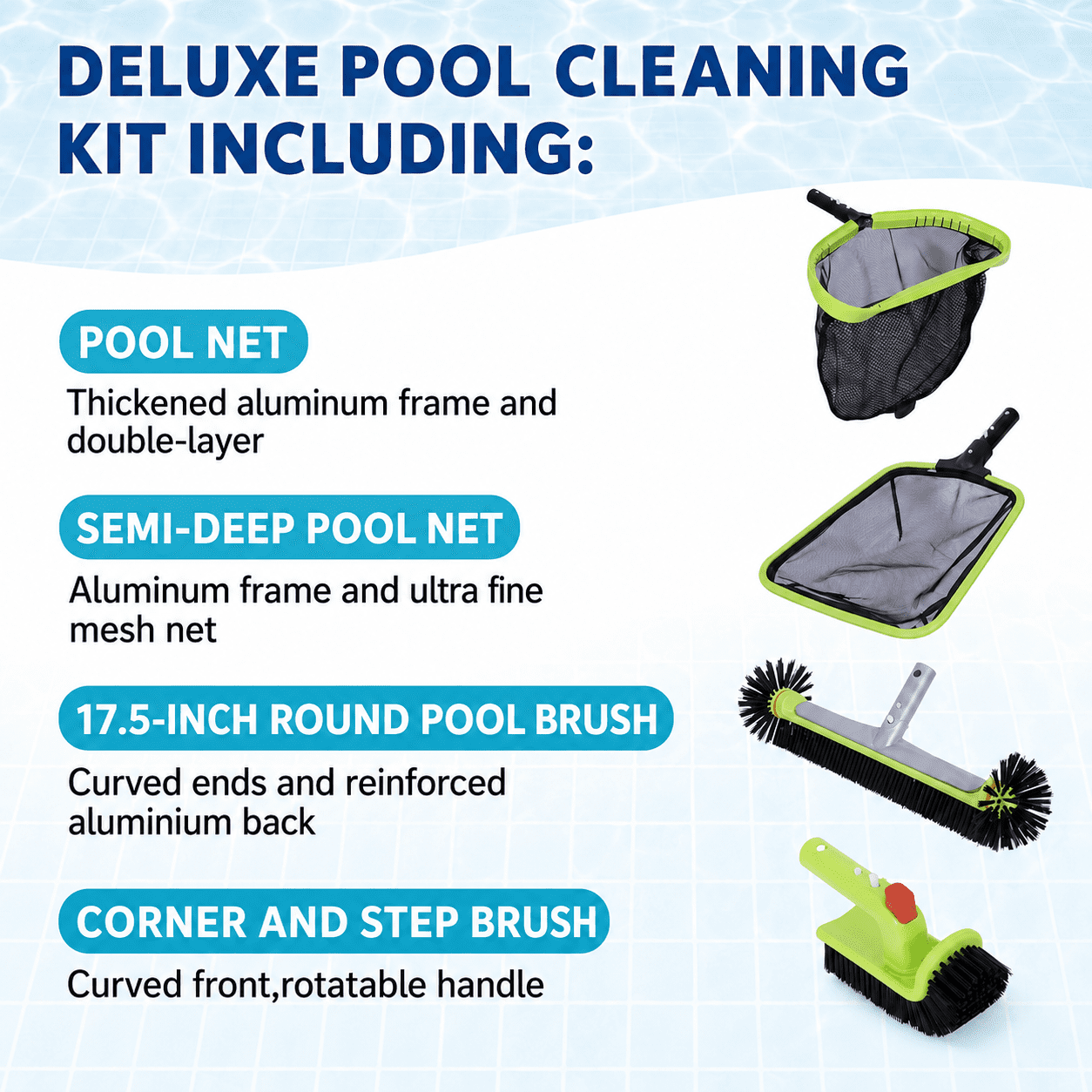 WaterJingle 4-Piece Pool Cleaning Kit with Skimmer Net, Leaf Rake & 90 Degree Brush