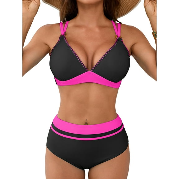 Asoul Women's High Waisted Bikini Sets V Neck Two Piece Swimsuit Color Block Bathing Suits