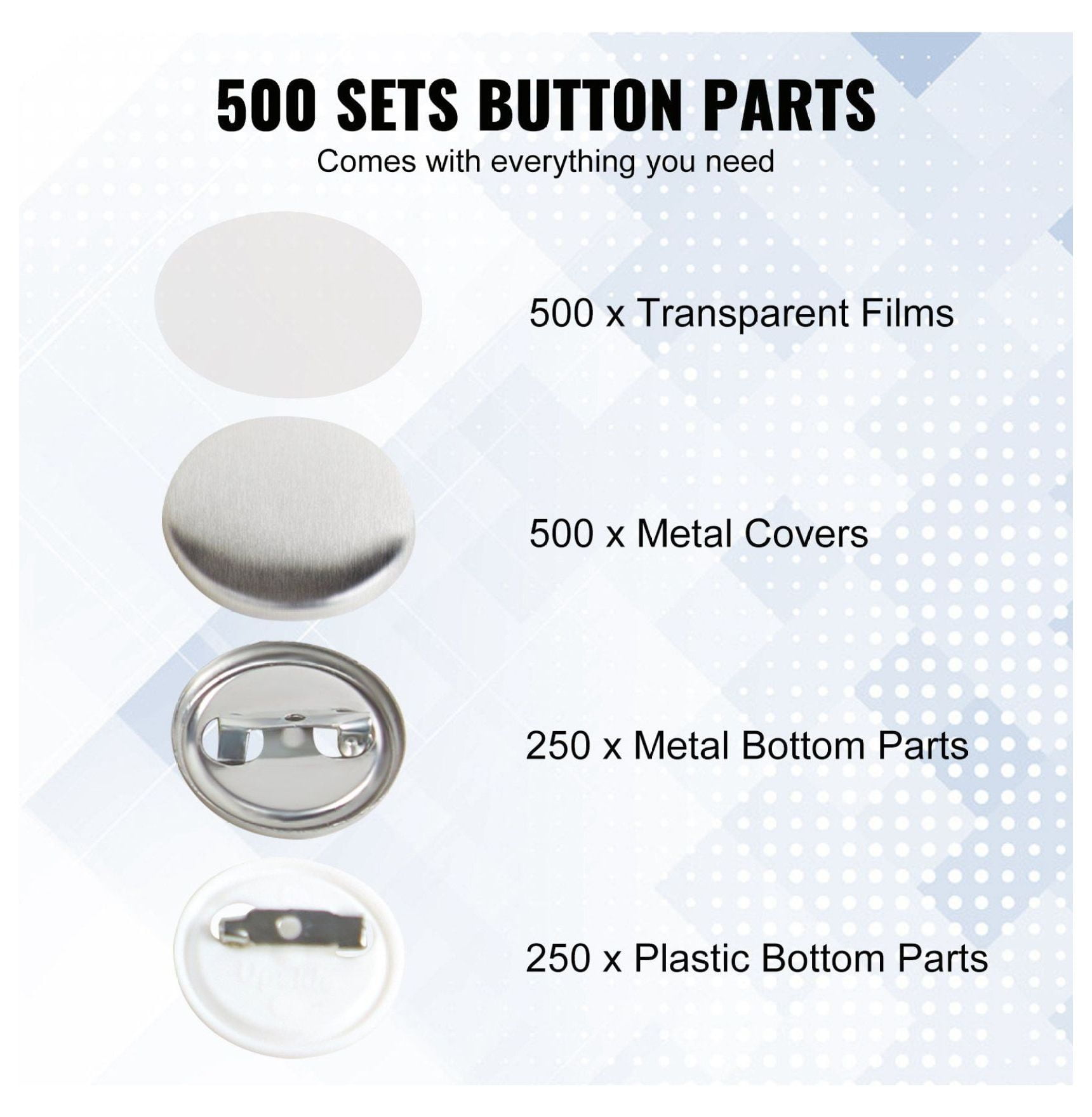 25mm Button Badge Making Supplies - 500 Sets Pin Back Button Parts for Button Maker Machine, Metal & Plastic, DIY Crafts