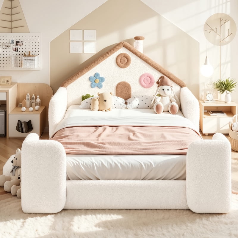 Full Size Kids Floor Bed with House Shaped Headboard, Upholstered Teddy Fabric Child Storage Platform Bed Frame with Pocket