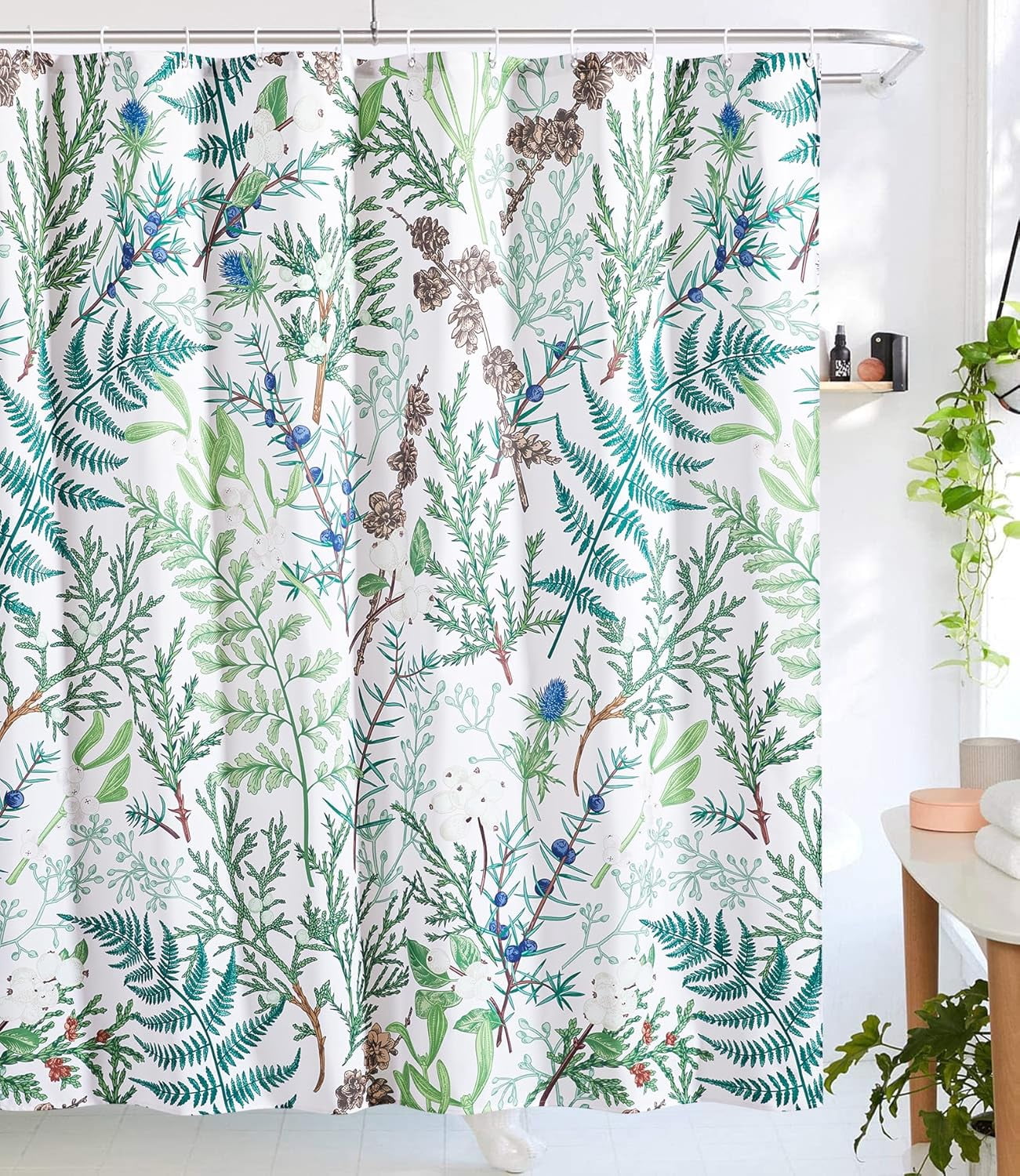 Cute Green Botanical Fabric Shower Curtain Boho Floral Plant Aesthetic Bathroom Decor, Wildflowers Greenery Herb Leaves Summer Spring Shower Curtain Set with Hooks Heavy Duty
