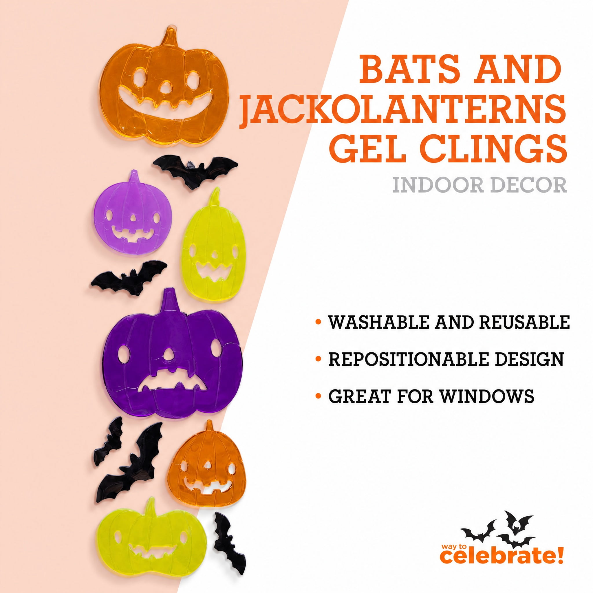 Bats and Jack-o'-Lanterns Gel Clings, Multicolor, 5.4" x 20.9", Halloween by Way To Celebrate