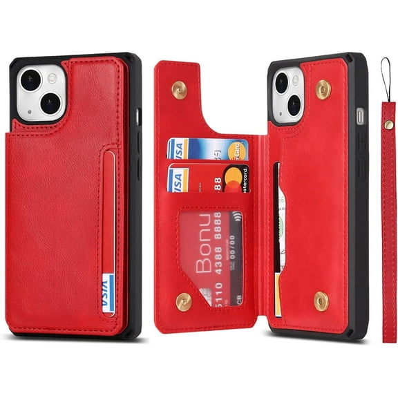 Compatible with iPhone 14 Luxury PU Leather Case with Card Holder,Cash Slots,Stand Function Back Wallet Case Flip Wrist Strap Double Magnetic Clasp Protective Case for iPhone 14 6.1",Red