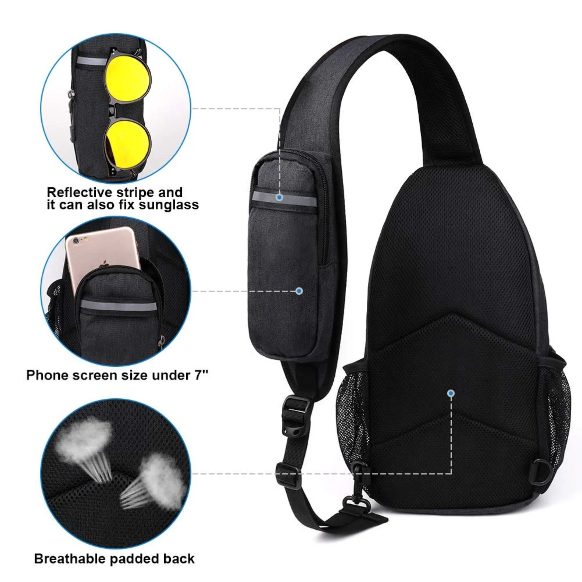 WATERFLY Unisex Hiking Travel Nylon Sling Bag Cross-Body Shoulder Chest Bag,Black