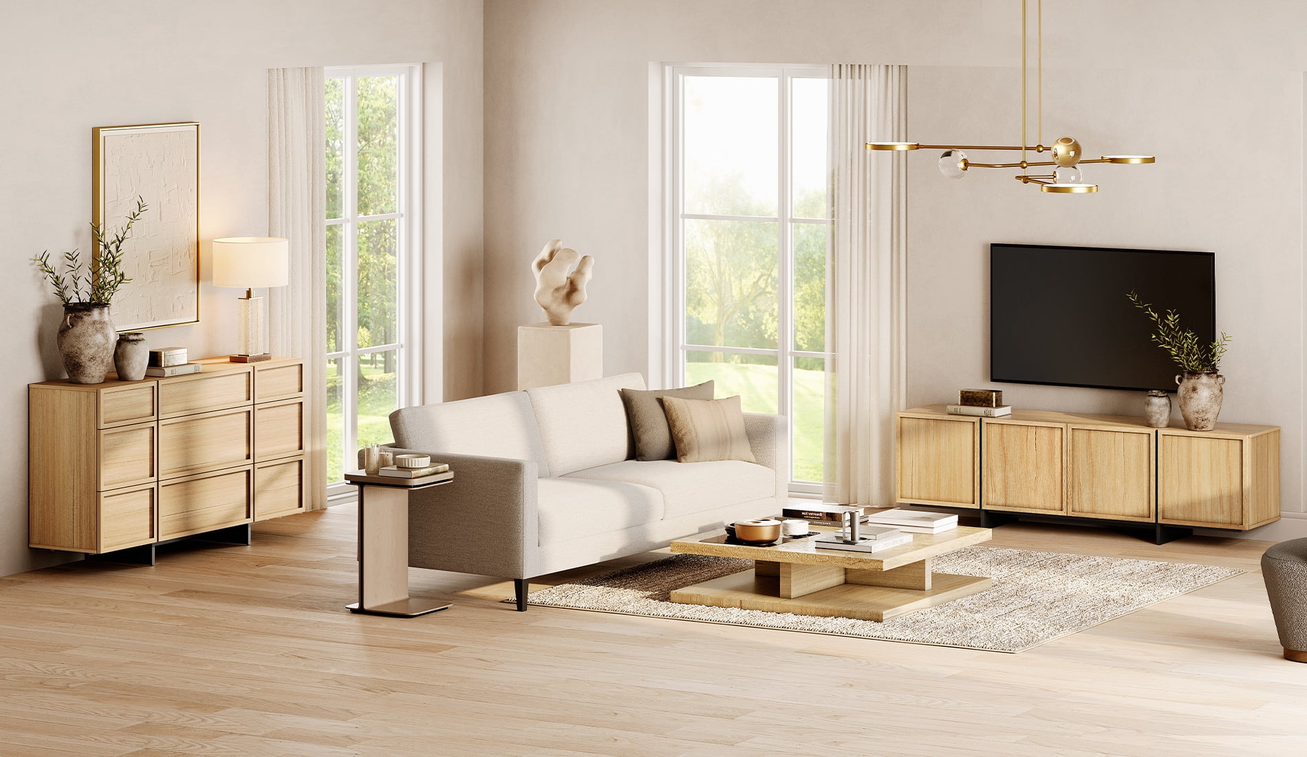 Modern 2-Piece Living Room Set, 70.9" TV Stand Entertainment Center & 57.5" 9-Compartment Storage Cabinet, 4-Door Closed Storage with T-Shaped Legs,Oak