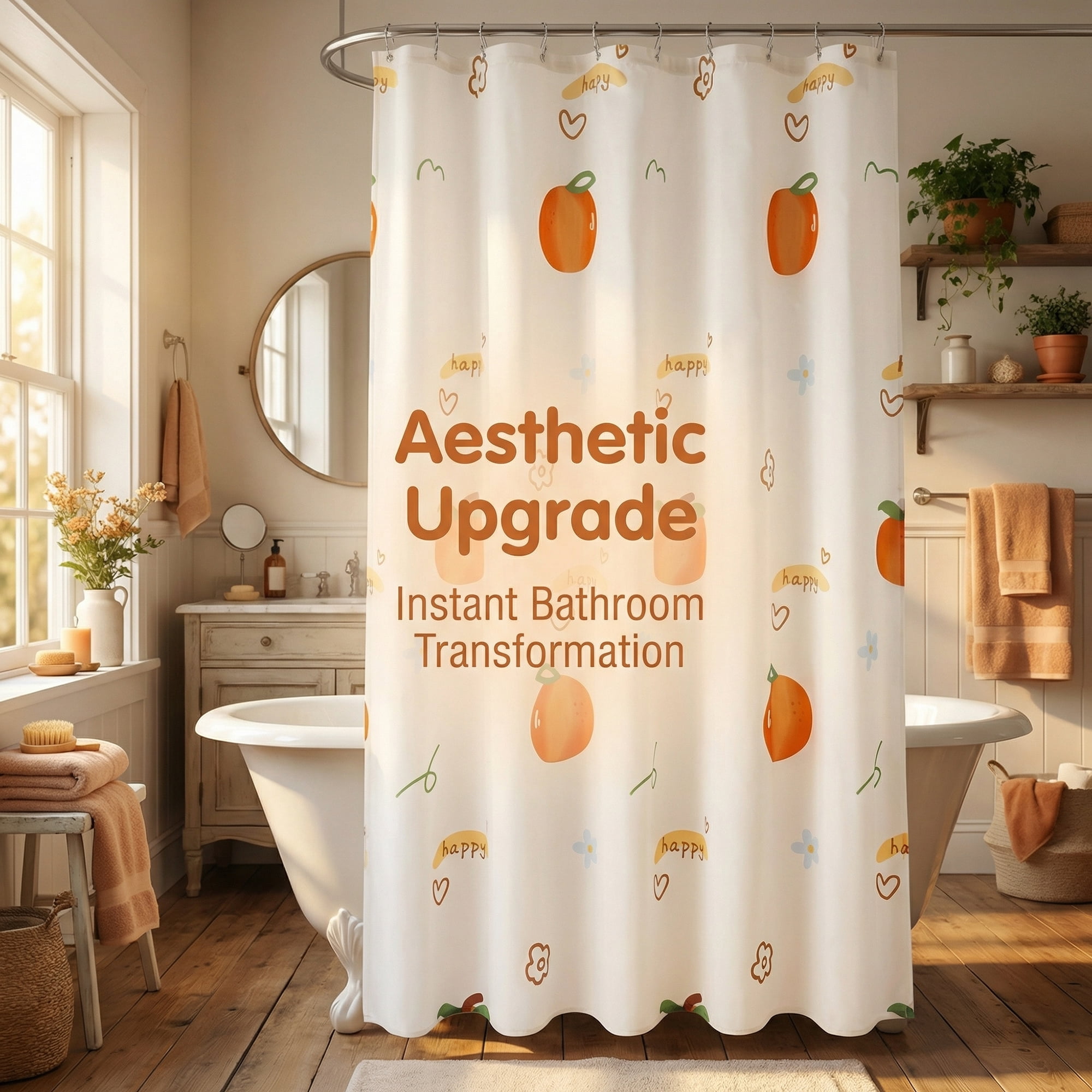 Unique Bargains Water-Resistant Printed Shower Curtain with 12 Hooks Orange 71"W x 71"L