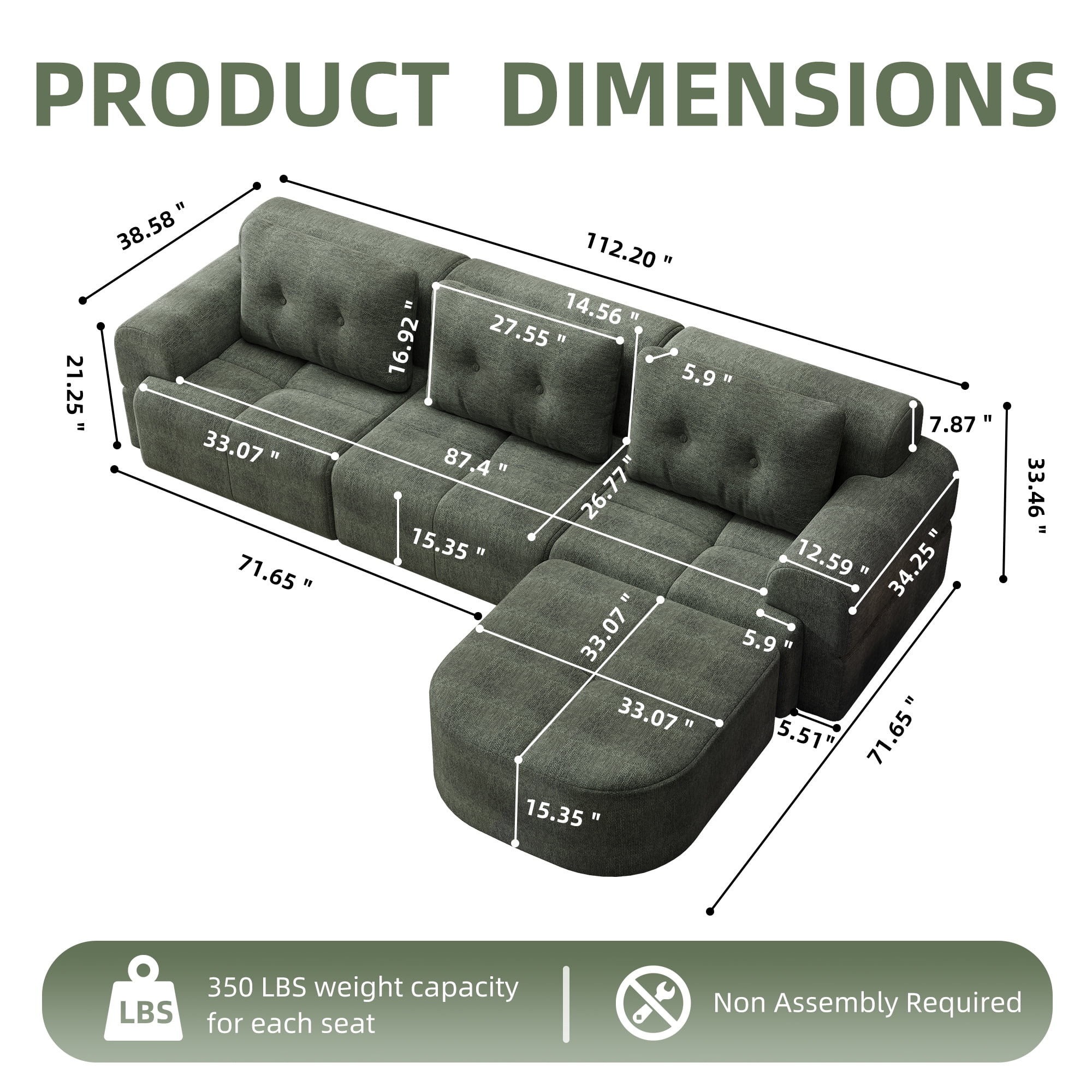 Modular Sectional Sofa with Chaise and Full-Foam Structure, 112-Inch Oversized Couch with Woven Texture Upholstery for Living Room, Blackish Green