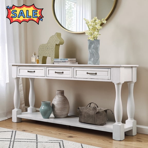 Tcbosik 63in Long Console Table, Entryway Table with Open Shelf and 3 Storage Drawers, Behind Couch Table for Living Room, Hallway, Foyer, Antique White