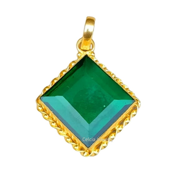 Real 925 Sterling Silver Pendant For Women Men, Genuine Emerald Square Gemstone Unique Yellow Gold Vermeil May Birthstone Pendant